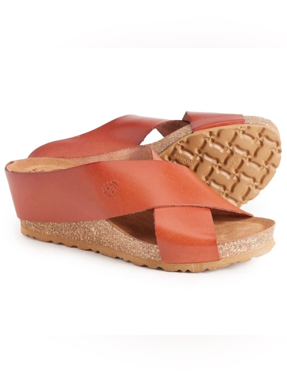 Yokono Cross-Band brown cognac Leather Wedge Slide Sandal w/ Cork Sole size 8